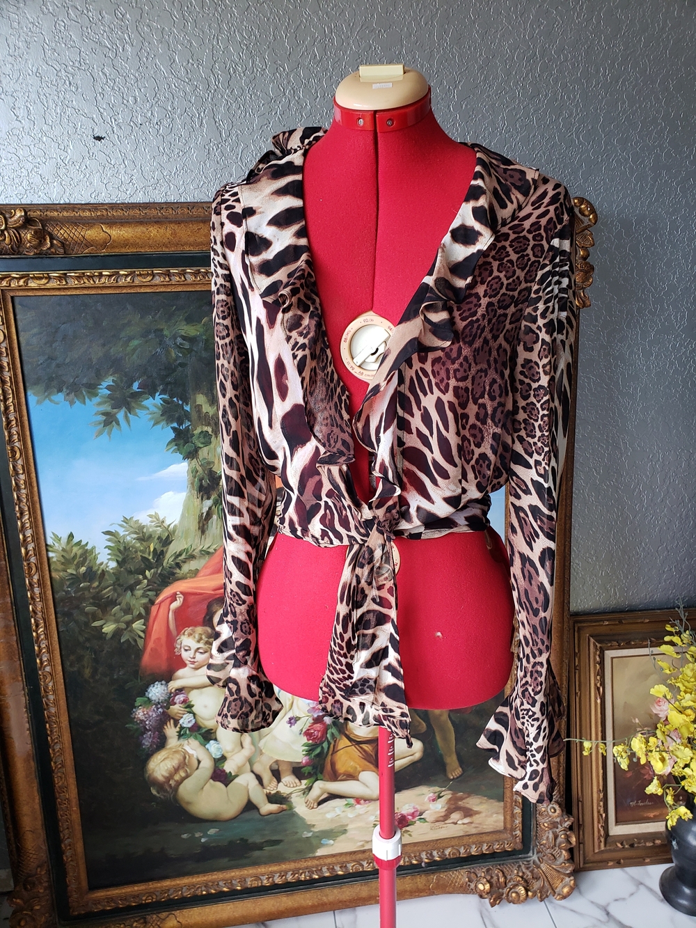 Cache Animal-Print Tie-Front Blouse in Brown and Black